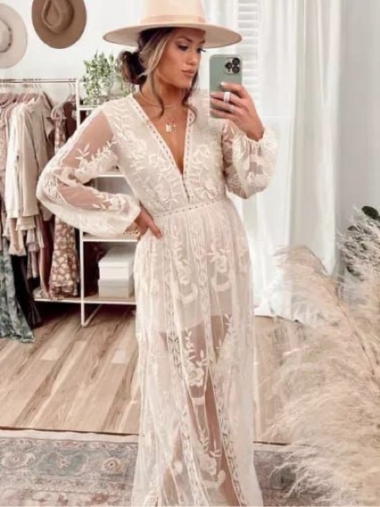 Dresses & Skirts - Sheer Lace Maxi Dress - Cream V-Neck Long Sleeve overlay women dress